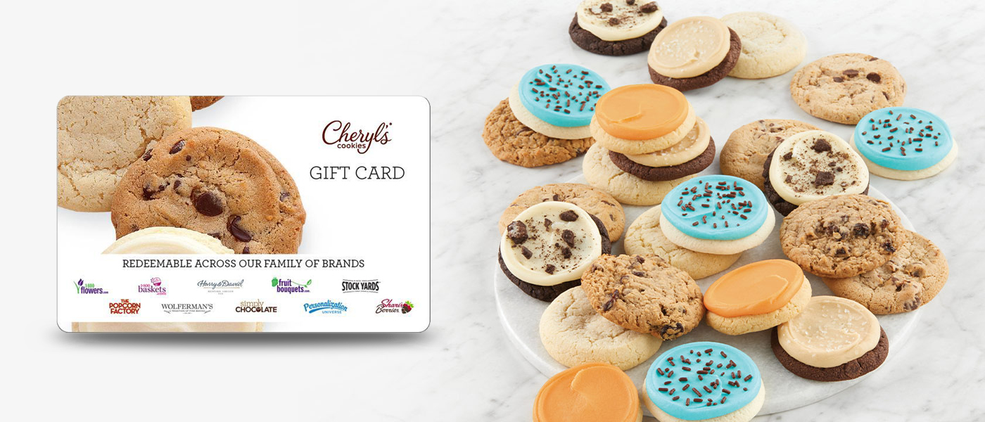 A Cheryl's Cookies e-Gift Card is next to various cookies.